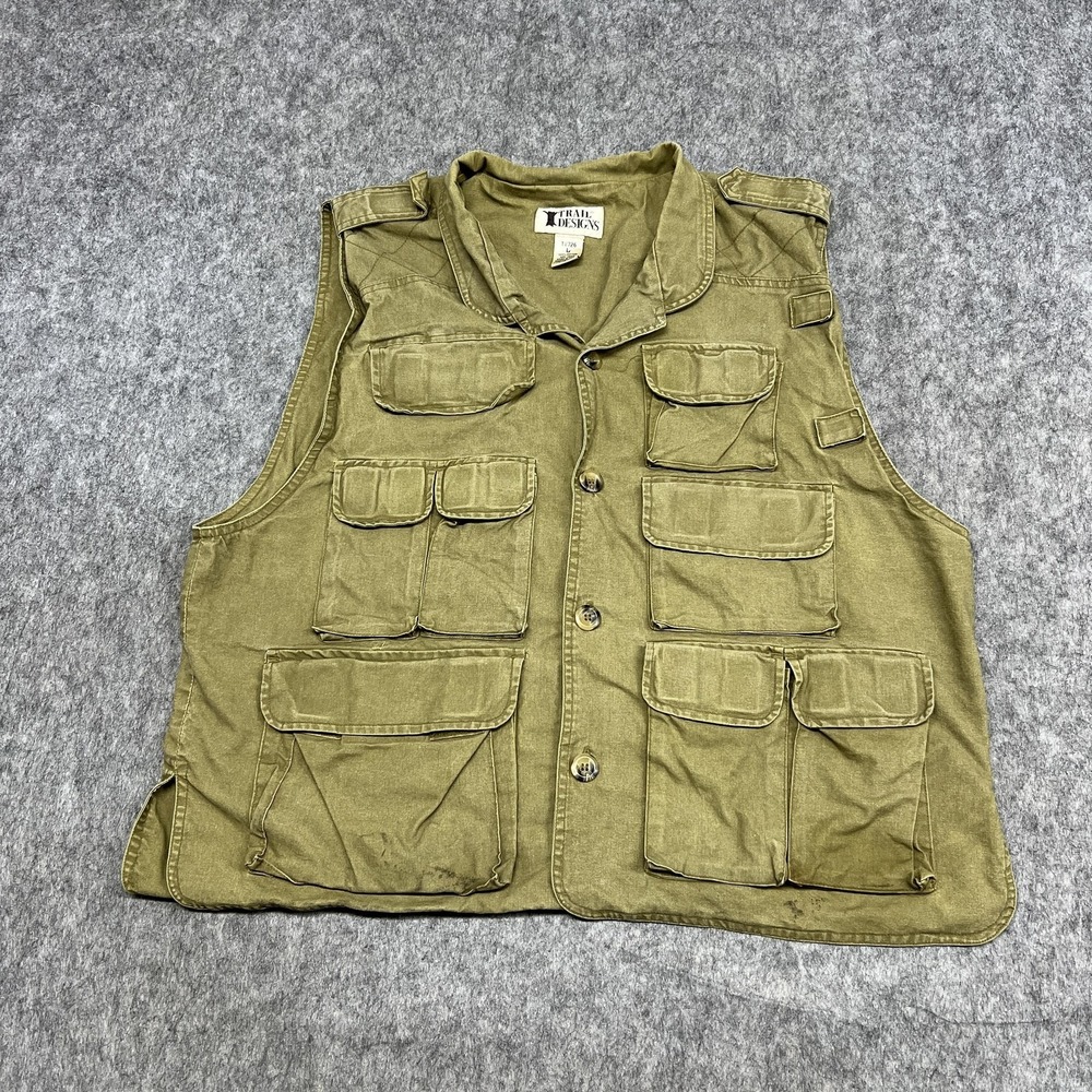 Trail Designs Vest Mens L Green Cotton Multi Pocket Safari Hunting Utility TV726